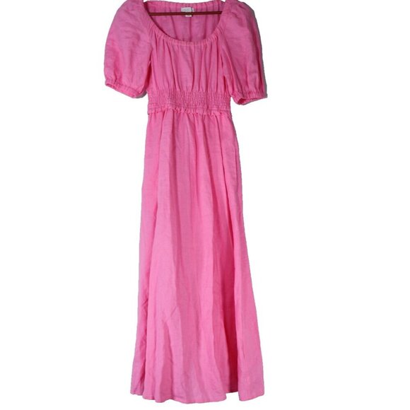 Aligne Women US4 Fuscha Pink Frederika Dress Smocked Puff Sleeve Pckt Linen Maxi - Picture 6 of 15